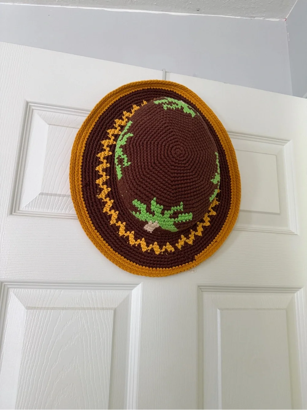 Free People Crocheted Round Accent Pillow Cover in Brown, Mustard & Green